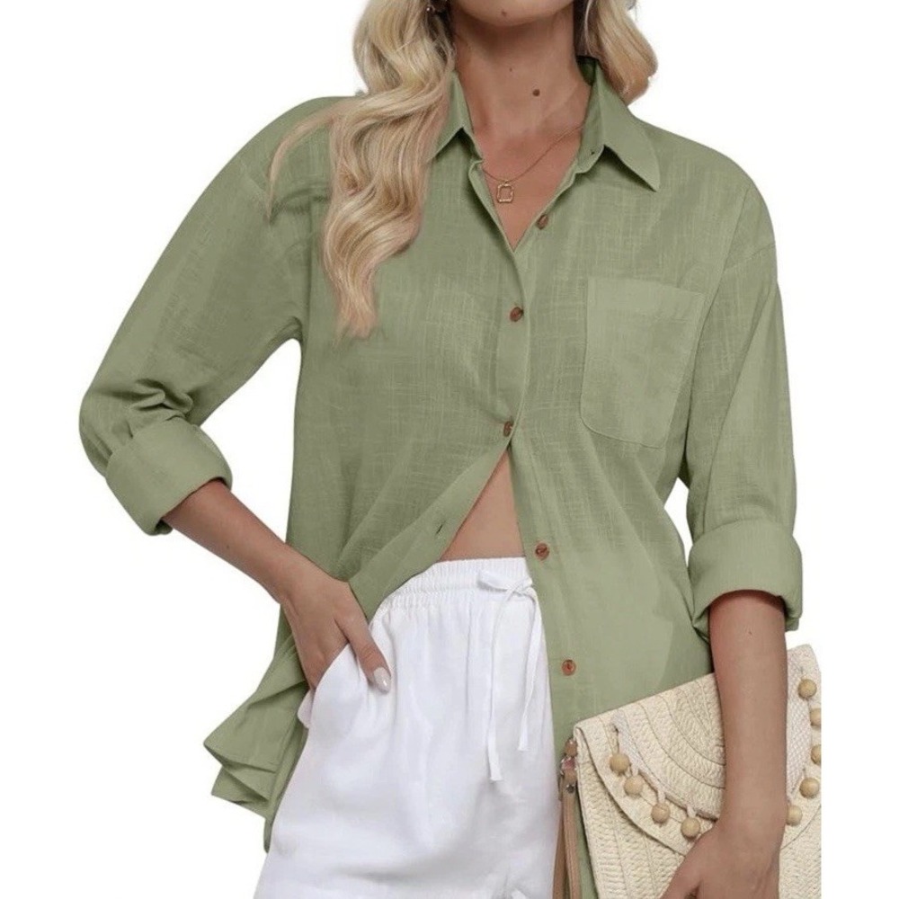 Soft Surroundings Green Linen Cotton Button Down Shirt Tunic Top3/4 Sleeve Small